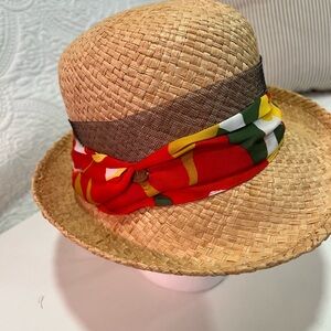 Straw Sun Hat with Red Floral Scarf Band